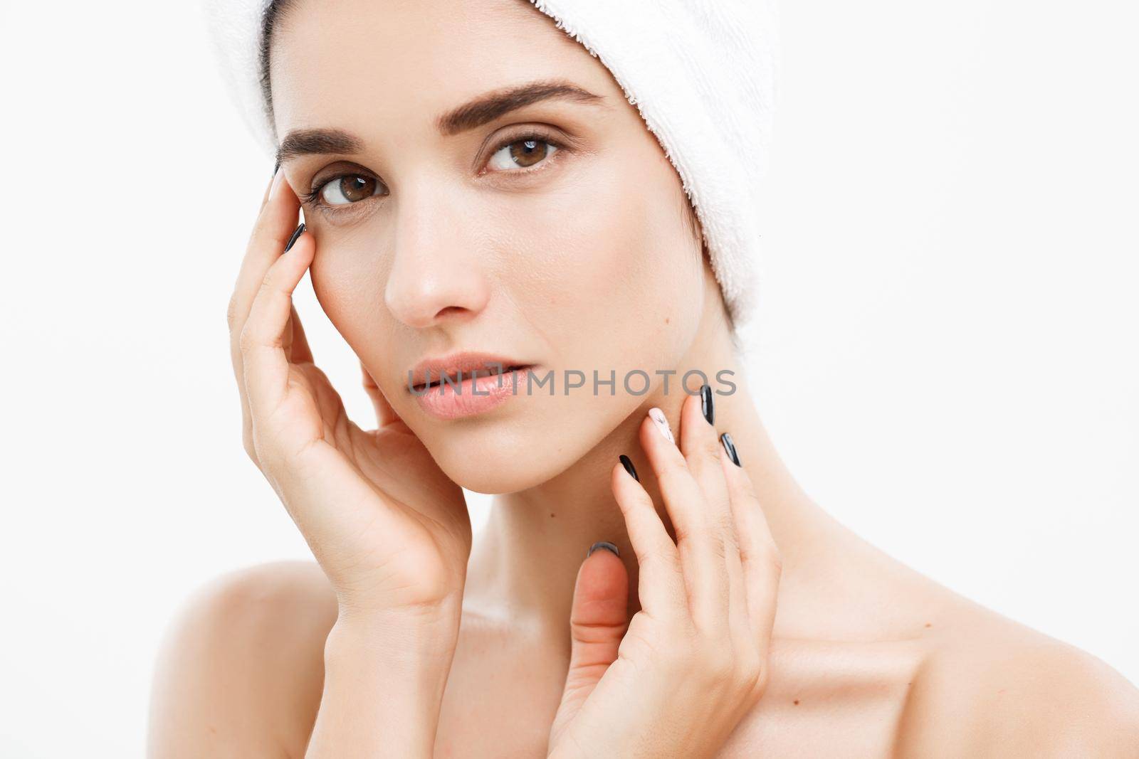 Beauty and Skin care concept - Close up Beautiful Young Woman touching her skin by Benzoix