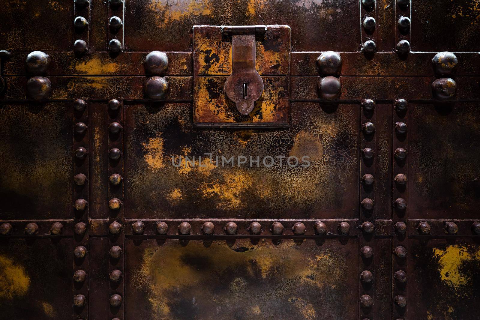 Close up of brown vintage old metal treasure chest.