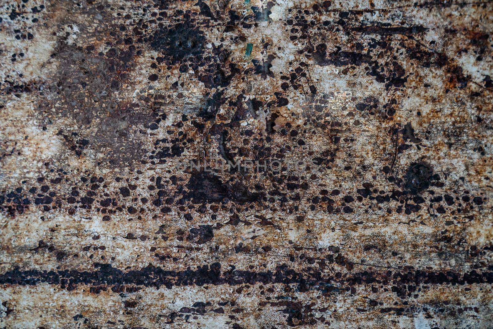 Texture of old wooden table with scratches and stains. Rusty metal background by sirawit99