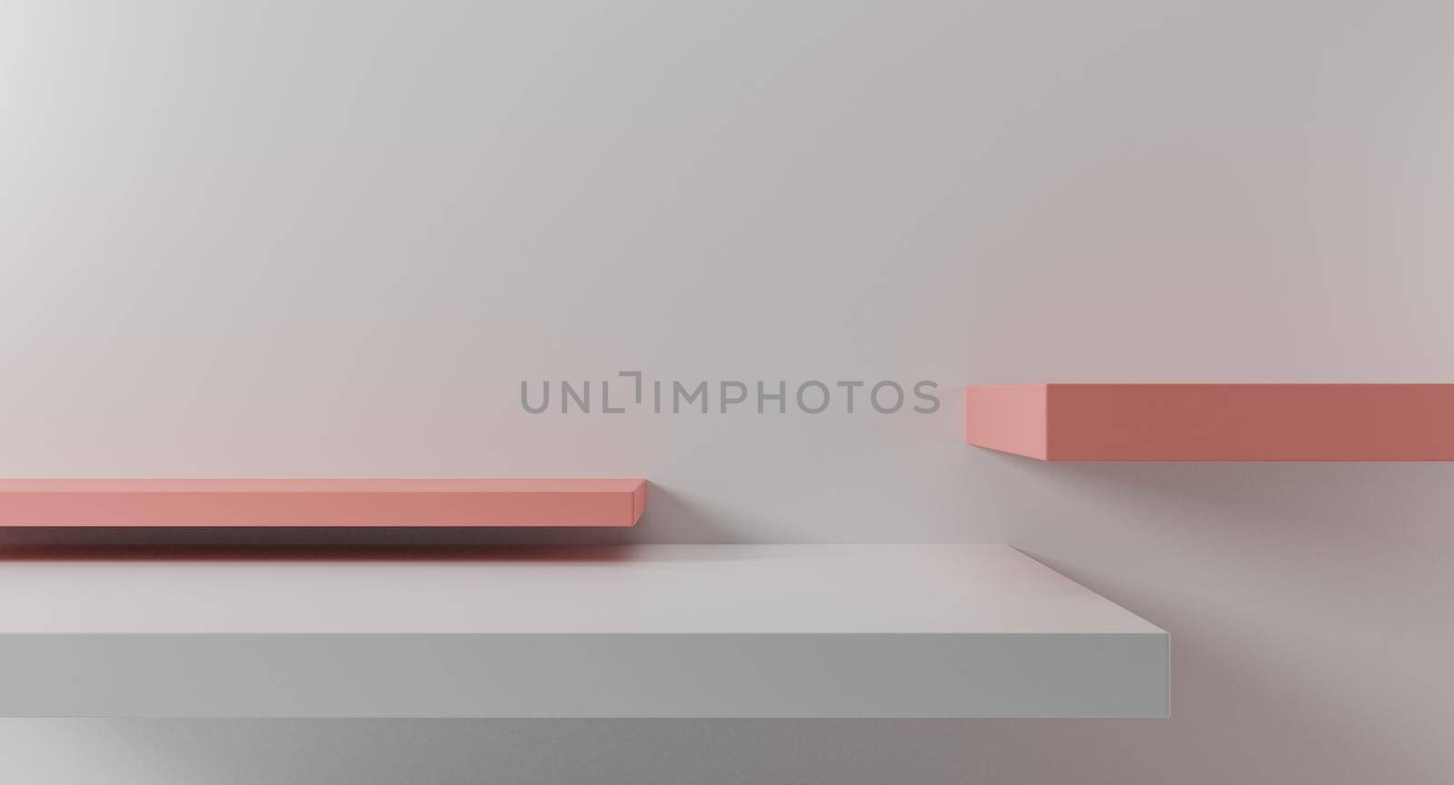 White and pink podium pedestal over white backdrop showcase, product presentation. 3D Rendering.
