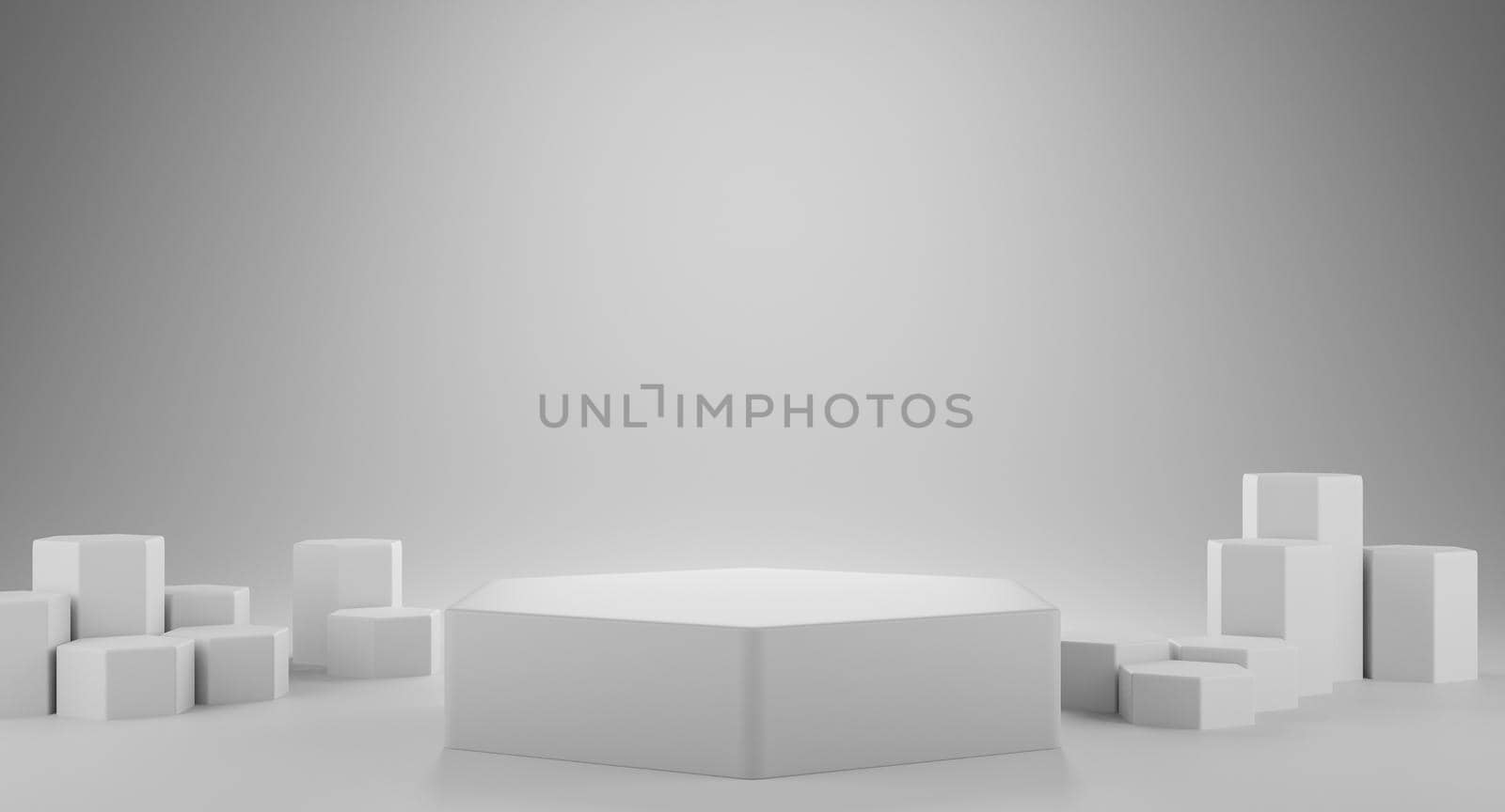White podium, pedestal and white backdrop showcase, product presentation. 3D Rendering.