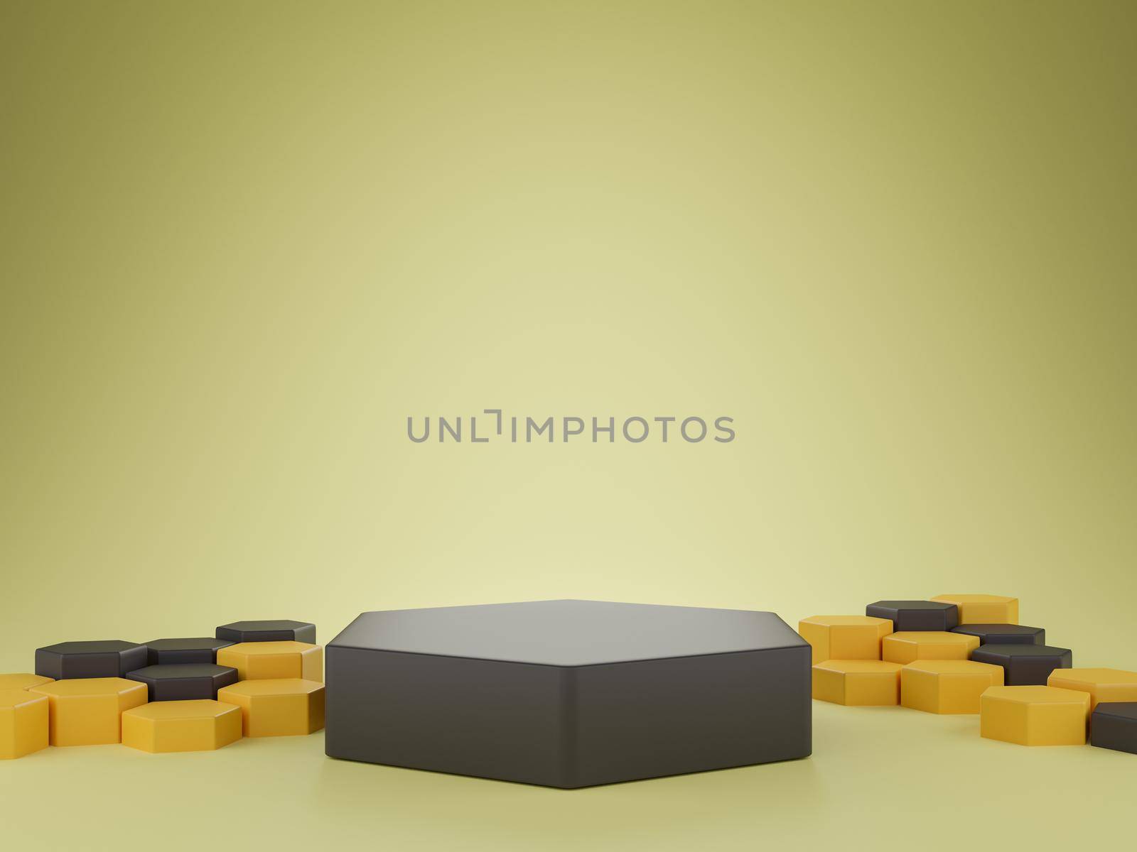 Black pedestal and yellow backdrop showcase, product presentation. 3D Rendering.
