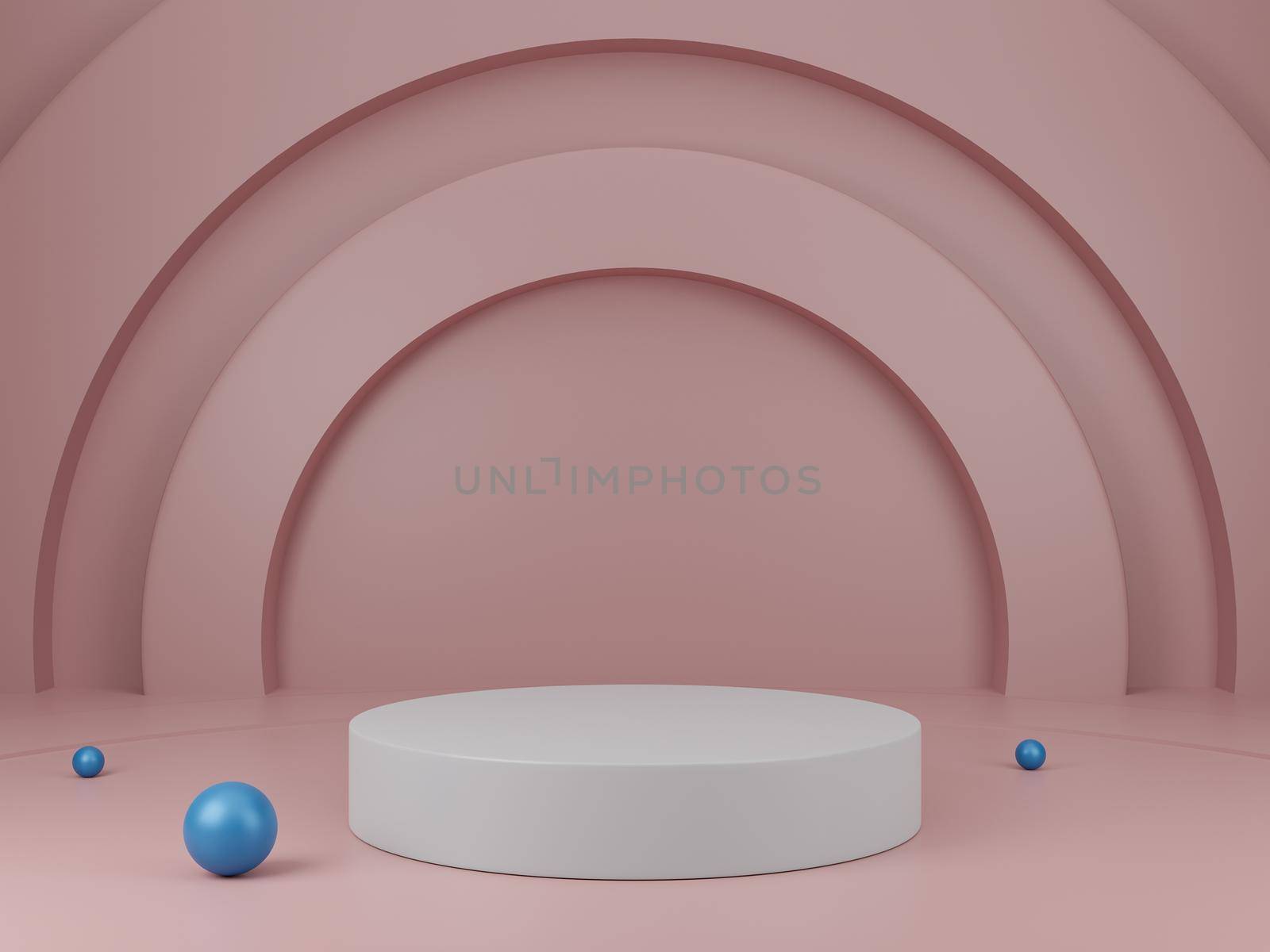 White podium, round pedestal and blue ball decoration over pink backdrop showcase, product presentation. 3D Rendering.