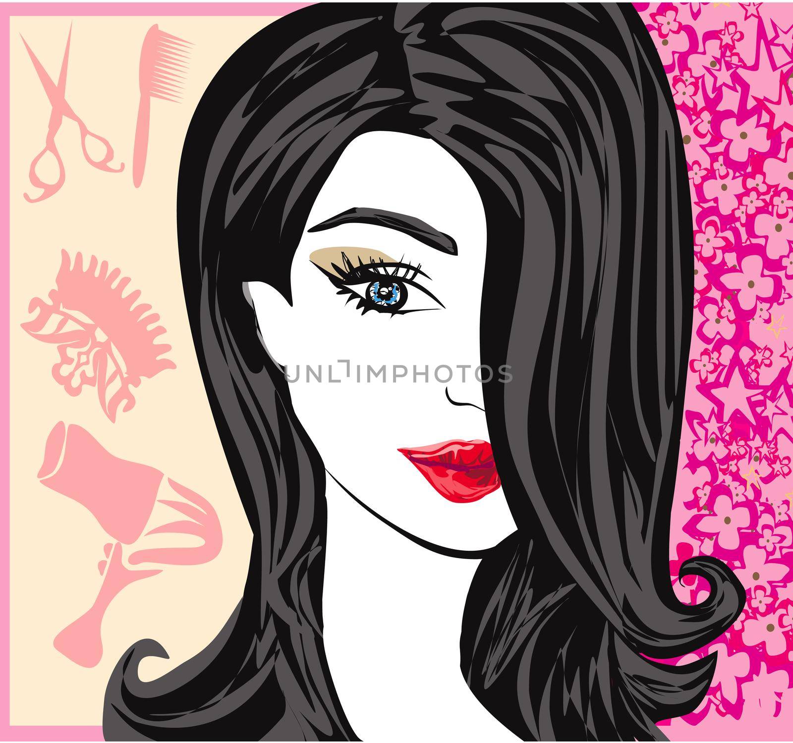 floral background with pretty woman - barber card by JackyBrown