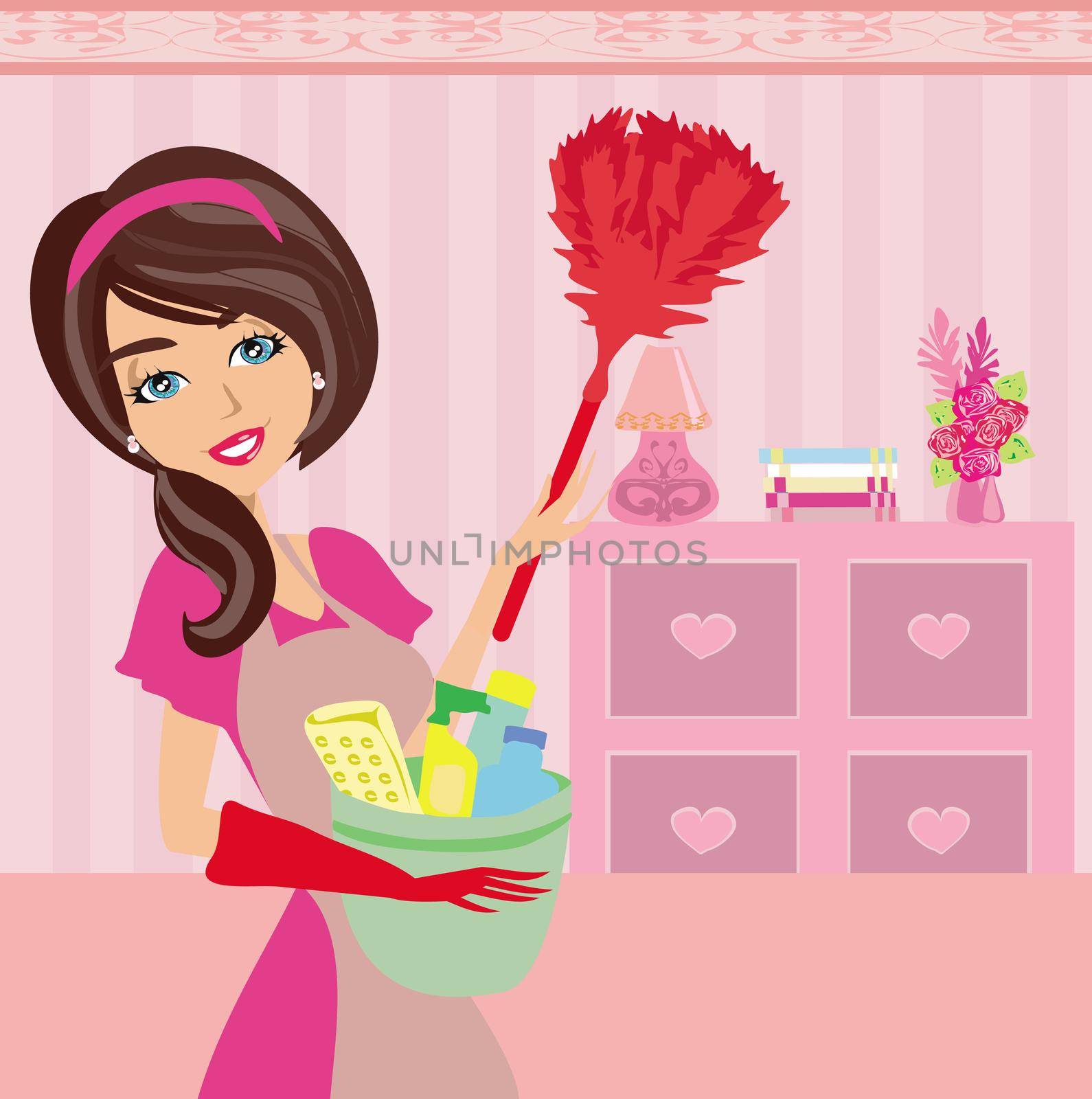 smiling Housewife cleaning at home