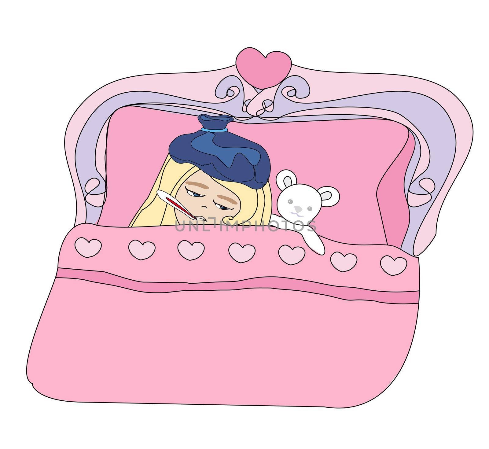 Illustration of a Sick Girl lying in bed