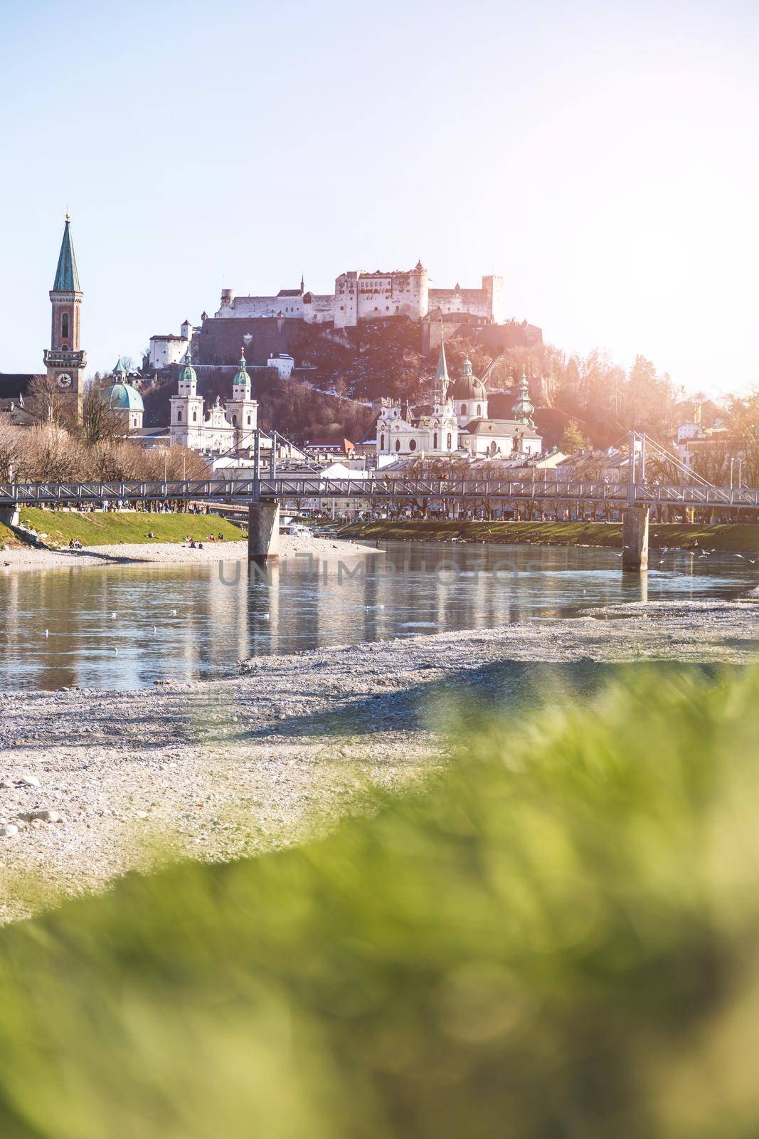 Salzburg spring time: Panoramic city landscape with Salzach with green grass and historic district by Daxenbichler