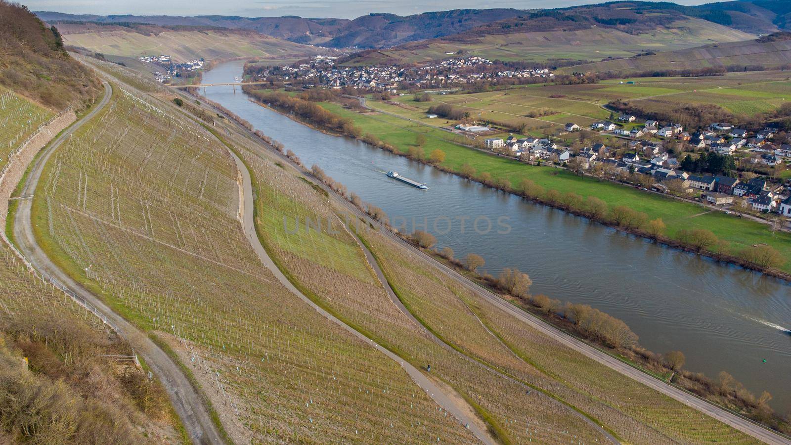 Aerial view of the river Moselle valley with vineyards and the villages Brauneberg and Muelheim 