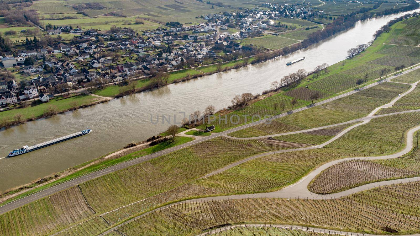 Aerial view of the river Moselle valley and the village Brauneberg  by reinerc