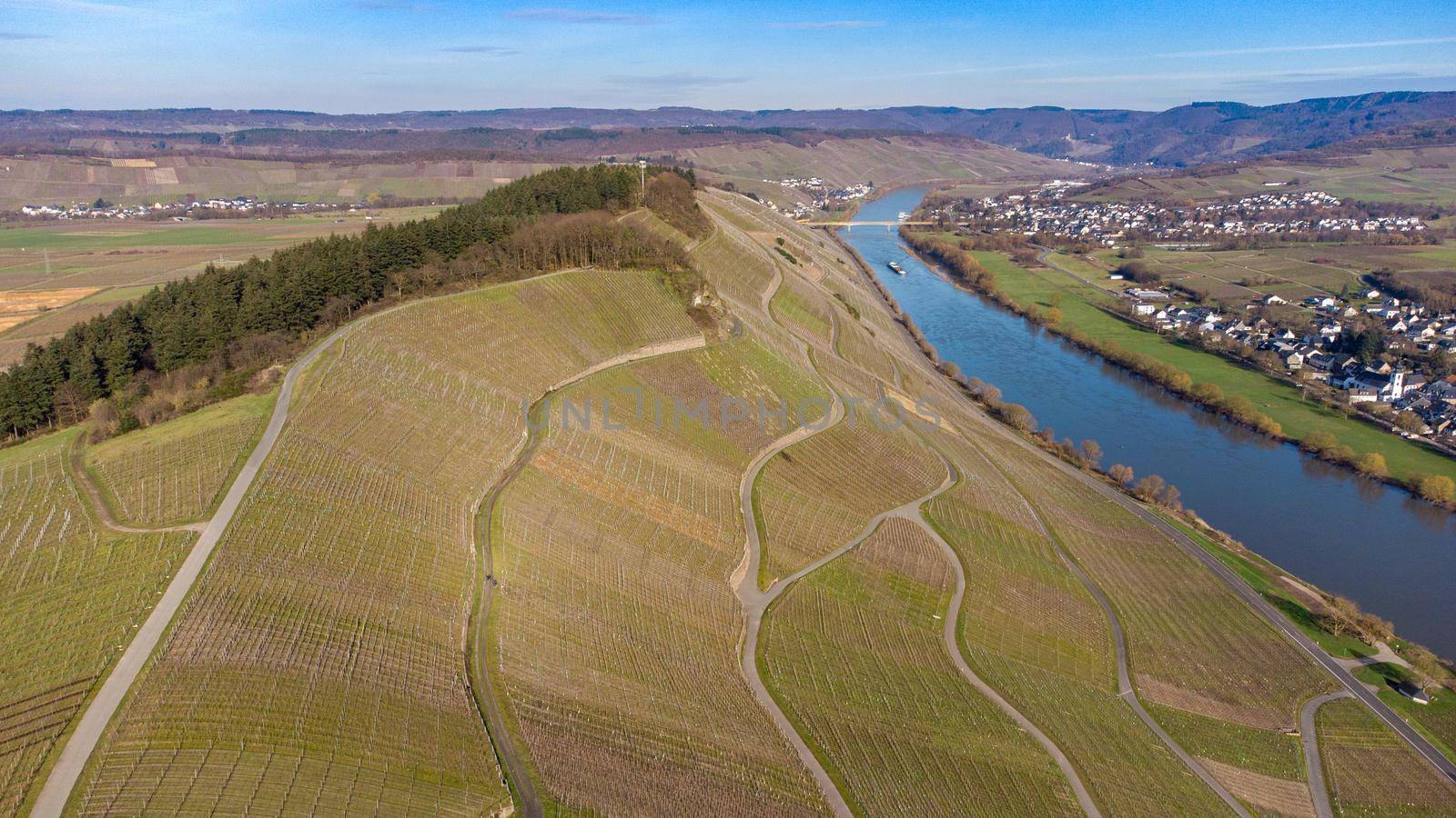 Aerial view of the river Moselle valley with vineyards and the villages Brauneberg and Muelheim 
