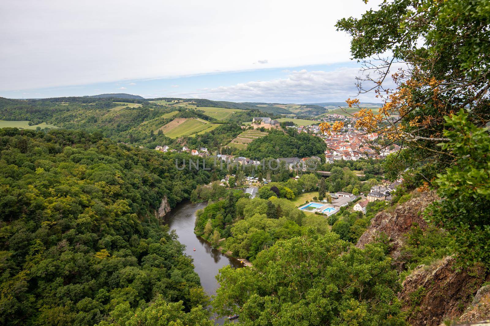 Scenic view from Rheingrafenstein at landscape with river nahe and Bad Muenster am Stein
