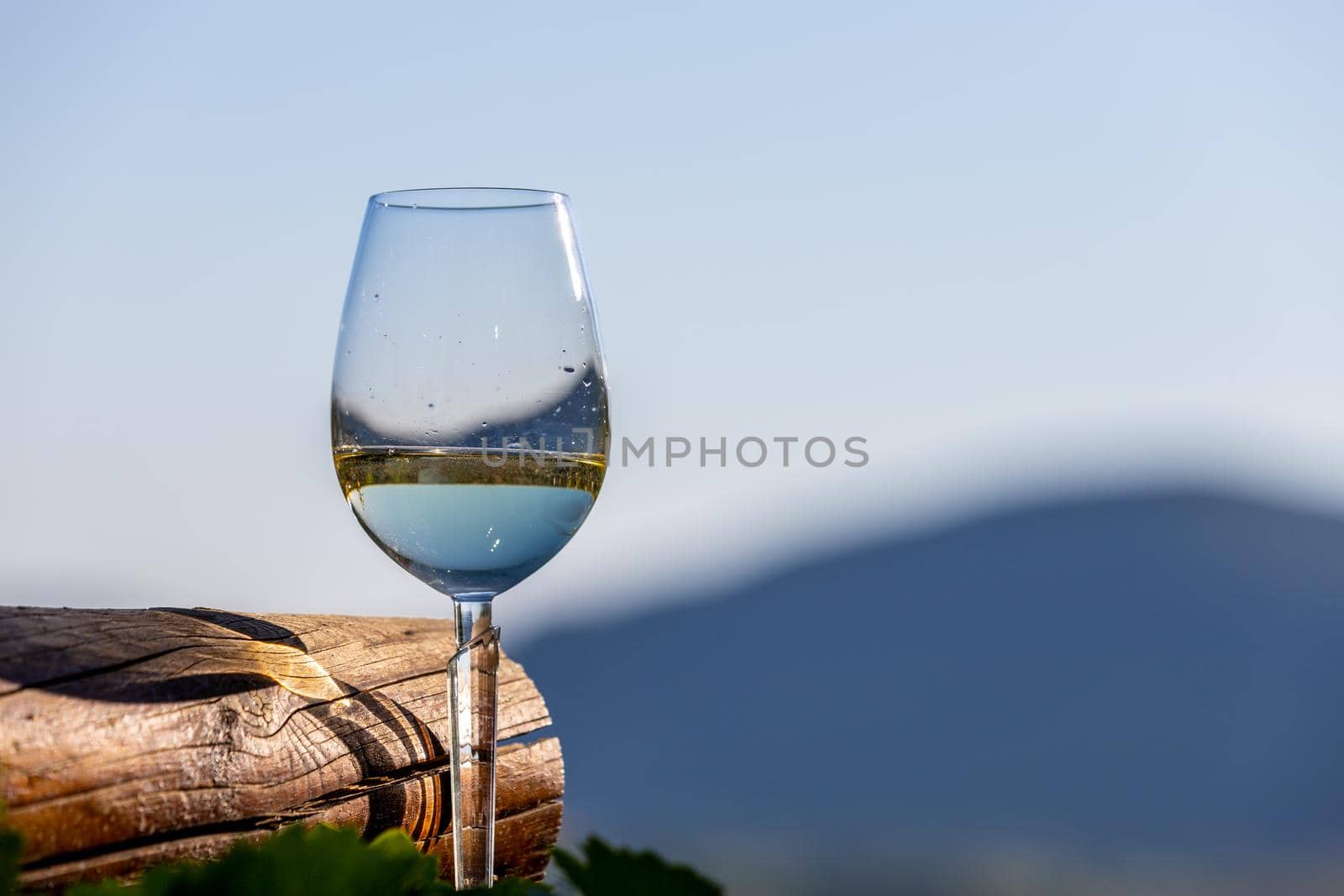 Filled wine glass next to wooden beam and defocused landscape in background