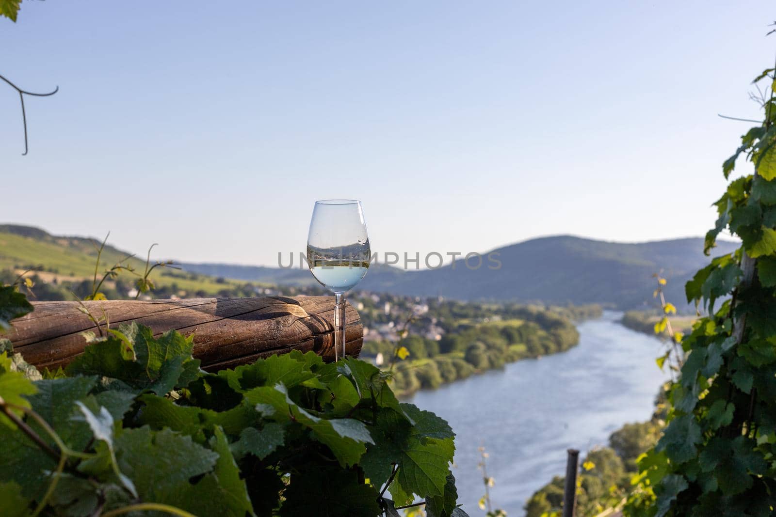 Filled wine glass next to wooden beam and valley of river Moselle in background