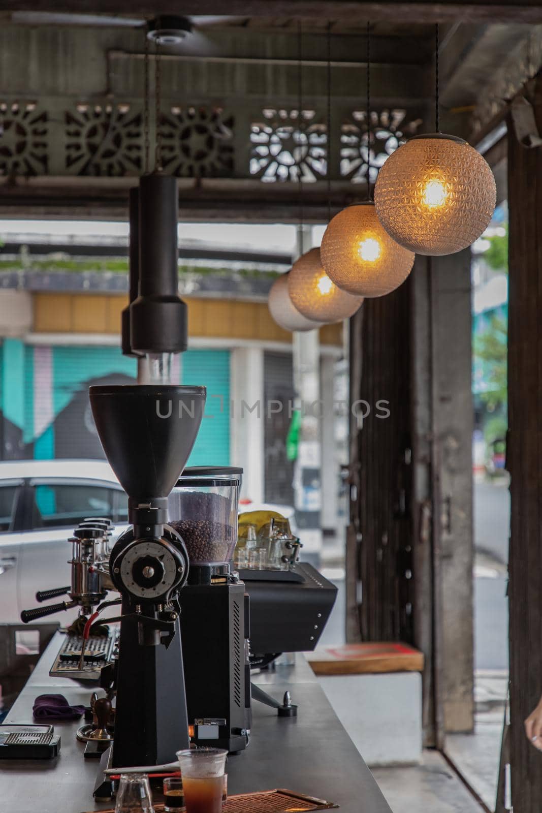 Coffee machine in cafe shop. Vintage color tone. No focus, specifically.