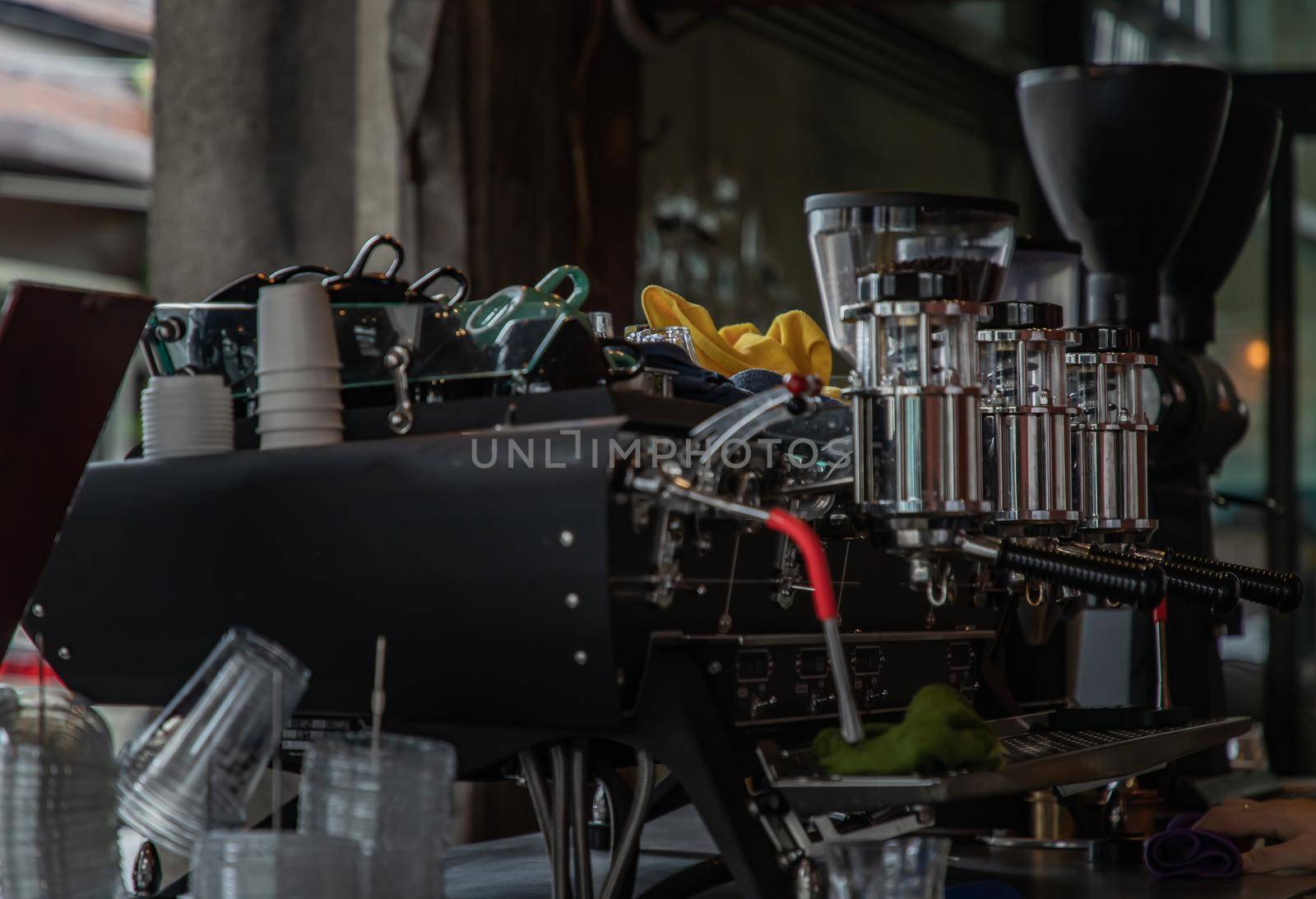 Coffee machine in cafe shop. Vintage color tone. No focus, specifically.