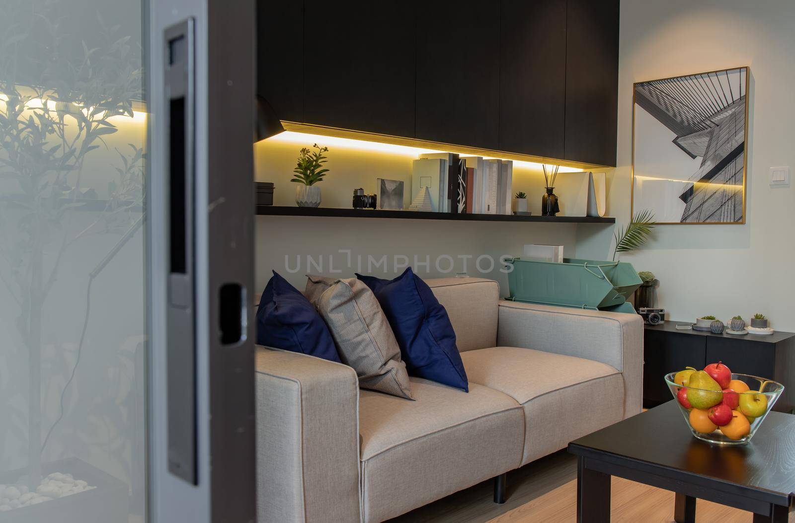 Bangkok, Thailand - Aug 027, 2020 : Modern small living room with sofa. Selective focus.
