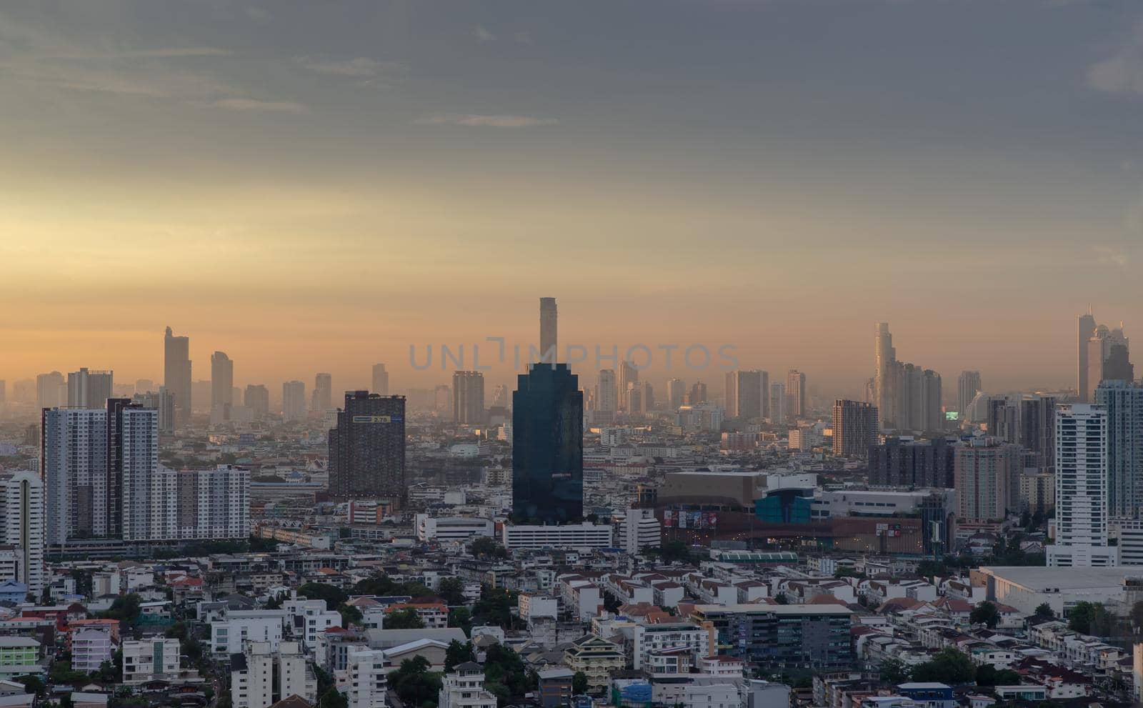 Bangkok, Thailand - Oct 20, 2020 : City view of Bangkok before the sunset creates energetic feeling to get ready for the day waiting ahead. Copy space, Selective focus.