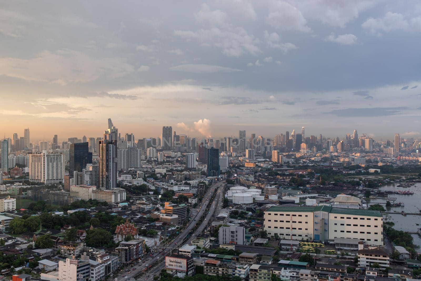 Bangkok, Thailand - Oct 20, 2020 : City view of Bangkok before the sunset creates energetic feeling to get ready for the day waiting ahead. Copy space, Selective focus.