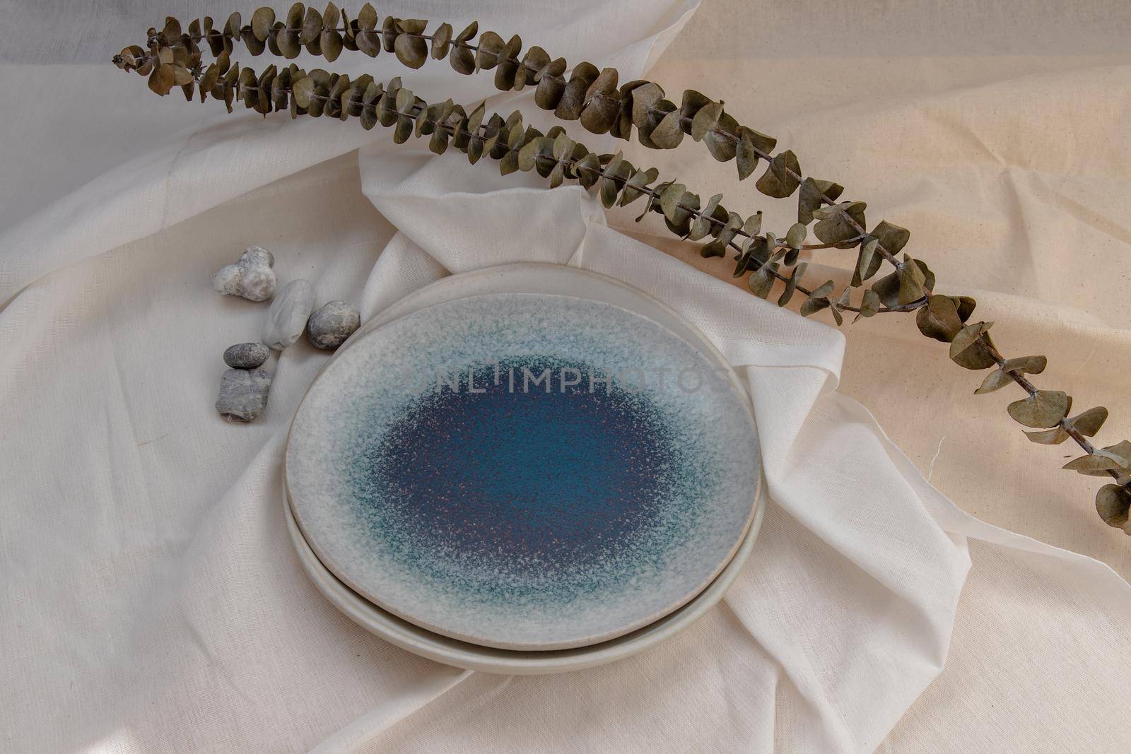 Set of Ceramic Plates with Dried flowers on Calico. Ceramic tableware, Beautiful arrangement.