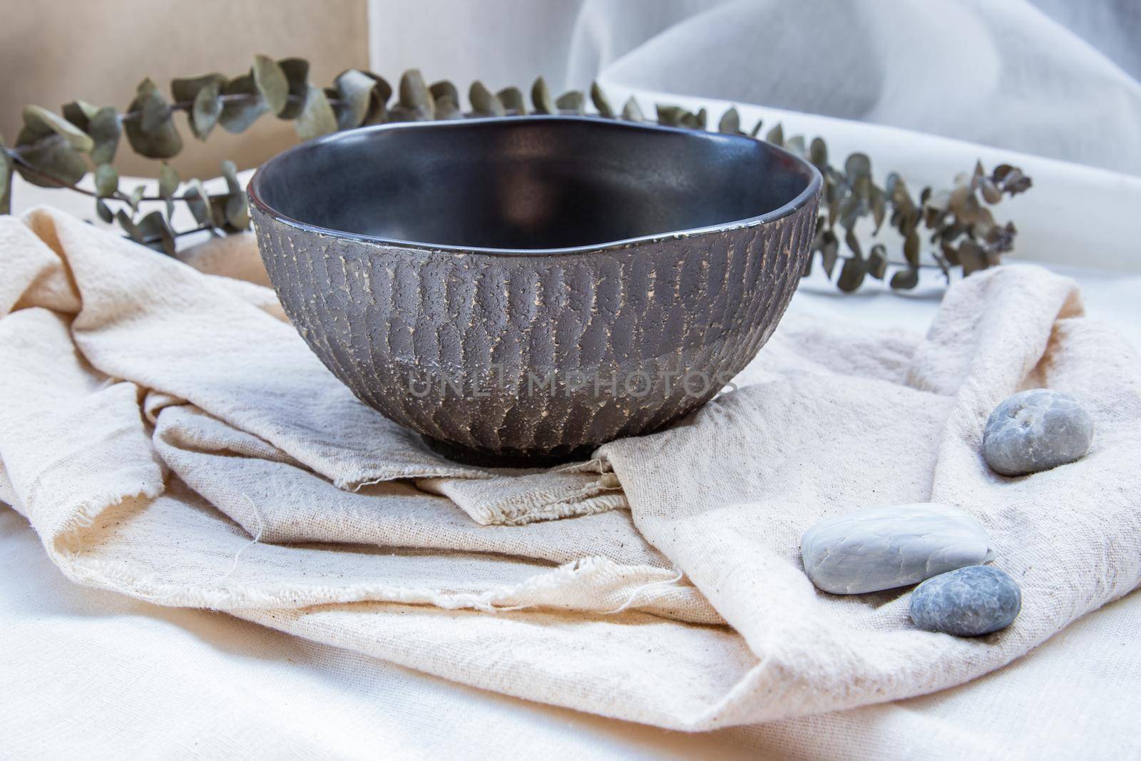 Ceramics bowl with Dried flowers on Calico. Beautiful arrangement.