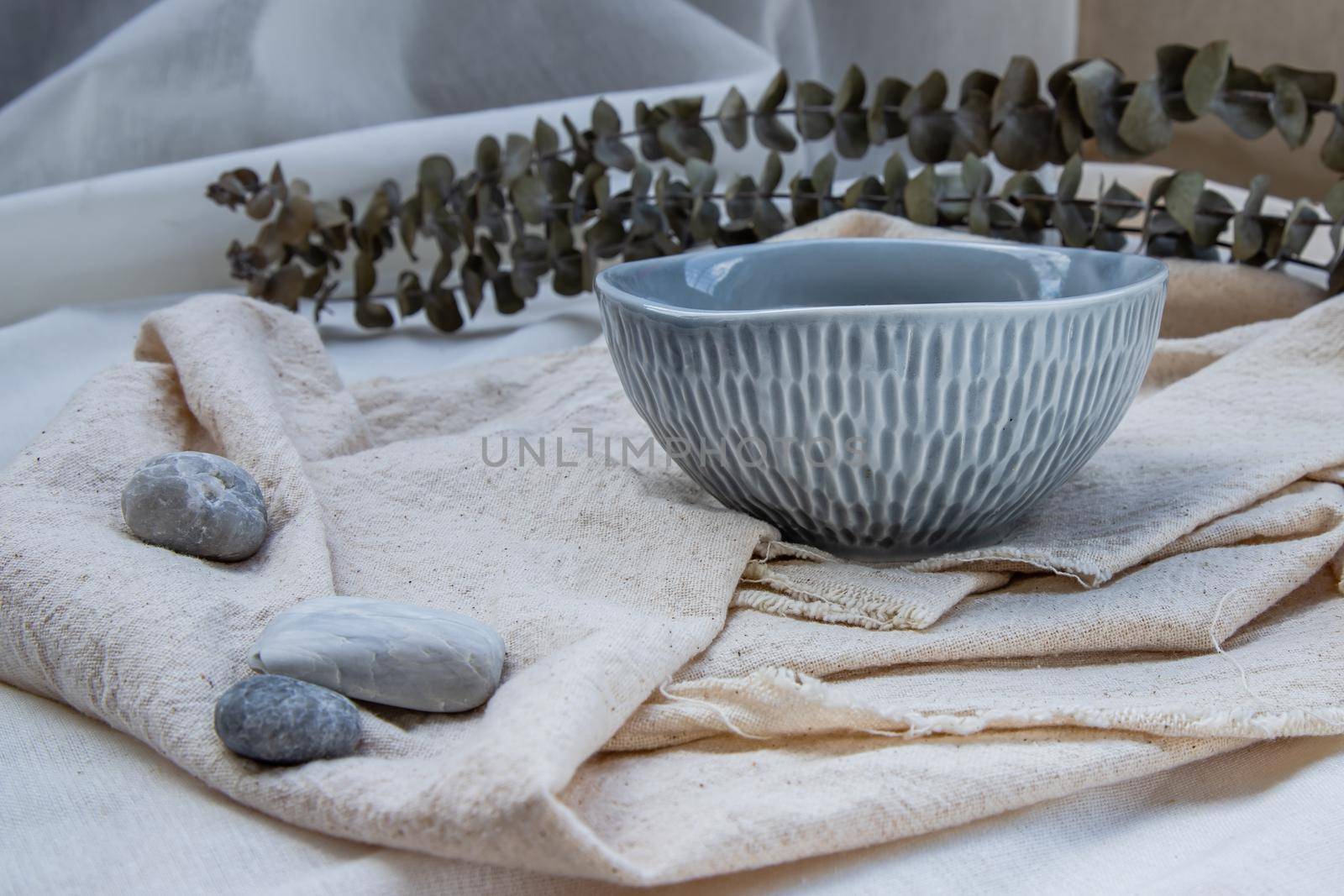 Ceramics bowl with Dried flowers on Calico. Beautiful arrangement.