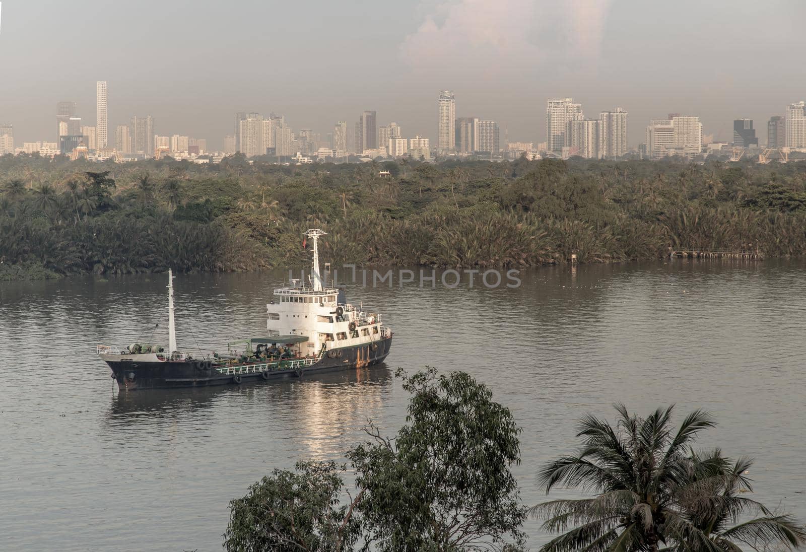 Bangkok, thailand - Nov 20, 2020 : A cargo ship parked in the middle of the river and in front of a green forest with skyscrapers at evening by the Chao Phraya River. Selective focus.