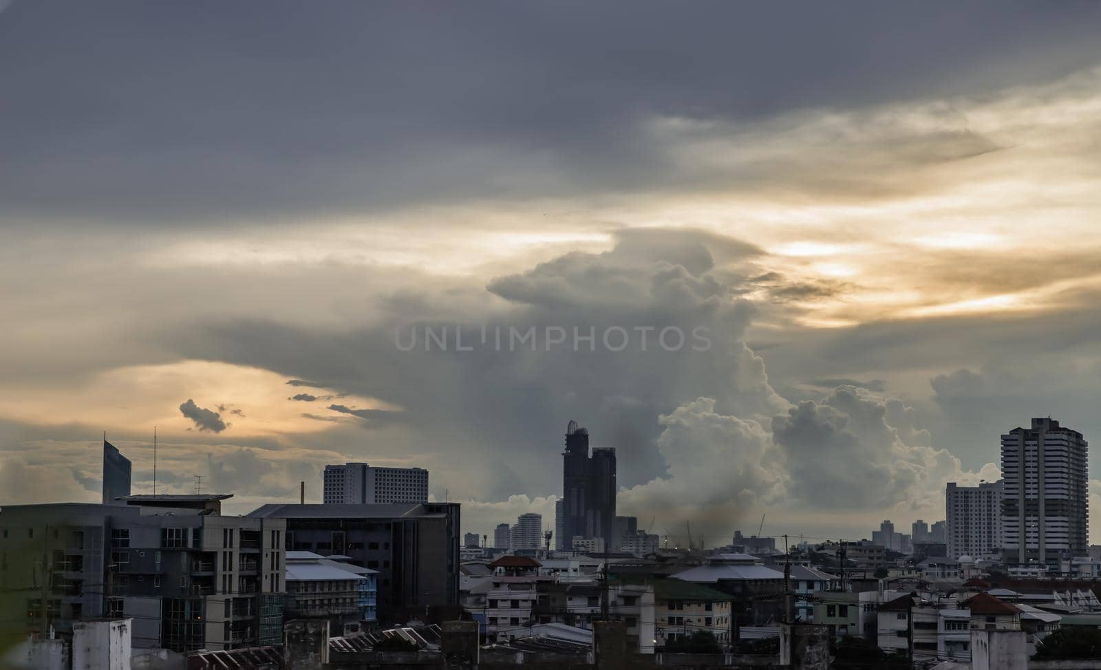 Bangkok downtown cityscape with skyscrapers and Beautiful sky line at evening give the city a modern style. Focus and blur.