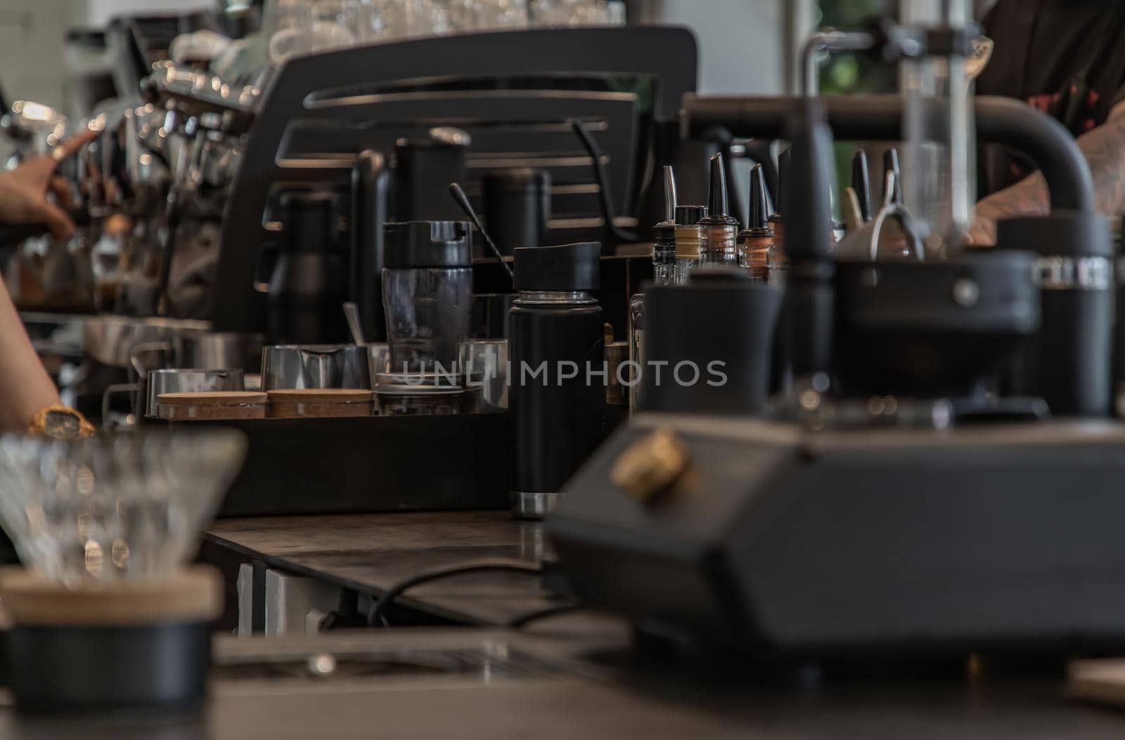 Coffee machine in cafe shop. Vintage color tone. No focus, specifically.