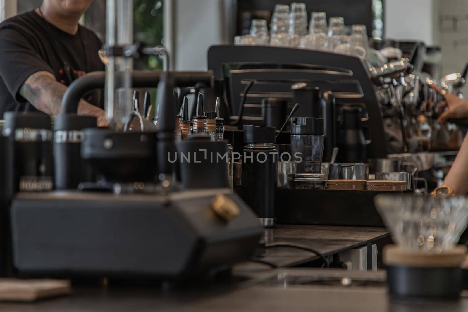 Chiangmai, Thailand - Sep 08, 2020 :  Coffee machine in cafe shop. Vintage color tone. No focus, specifically.