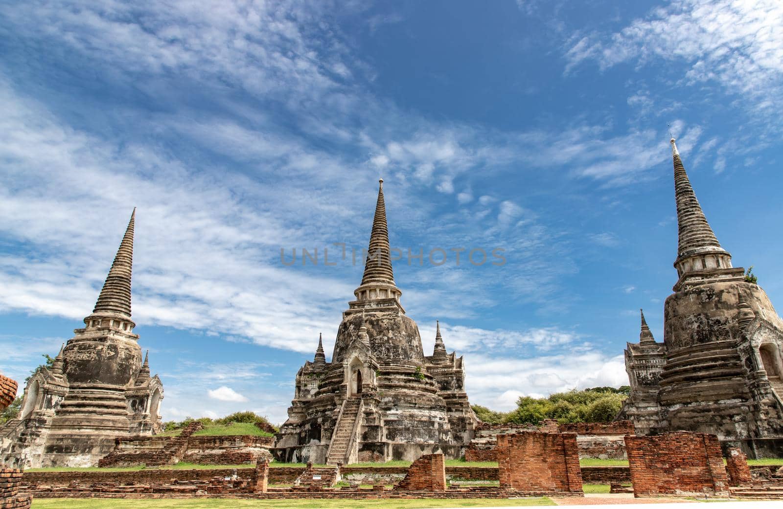 World Heritage Site at Wat Phra Si Sanphet. Ancient city and historical place at Ayutthaya, Thailand, The Ruin of temple. Selective focus.