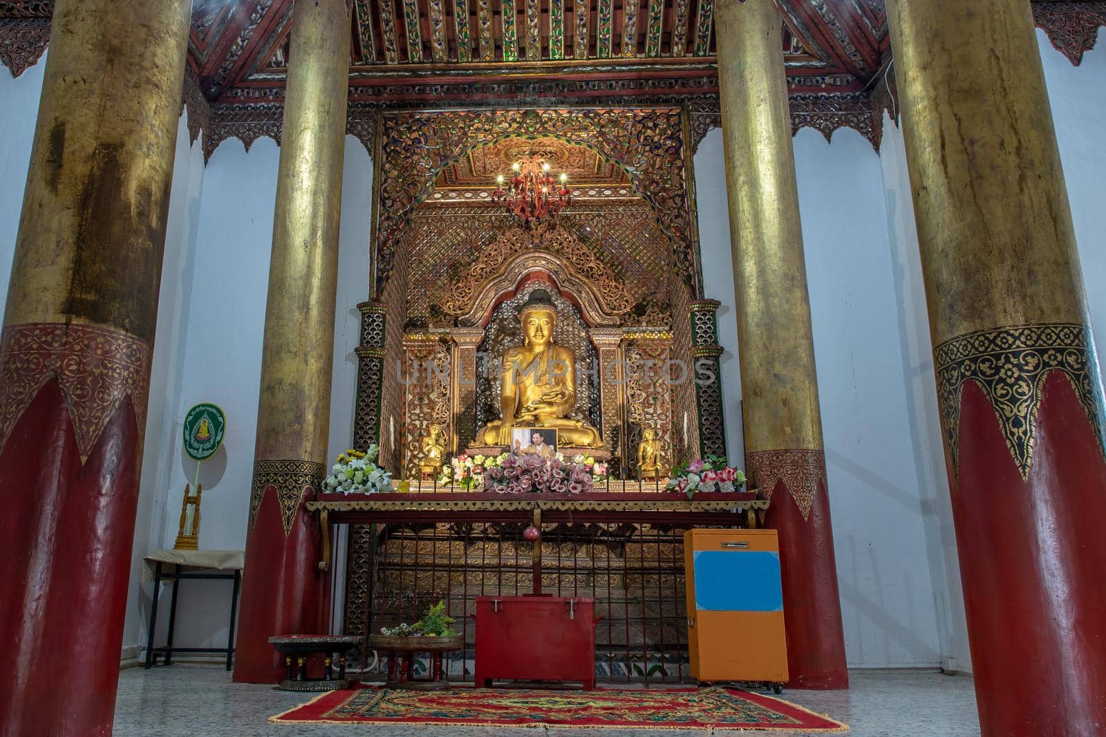 Lampang, Thailand - Sep 04, 2019 : The buddha image within Sri Chum Temple Is an old Burmese style architecture. Selective focus.