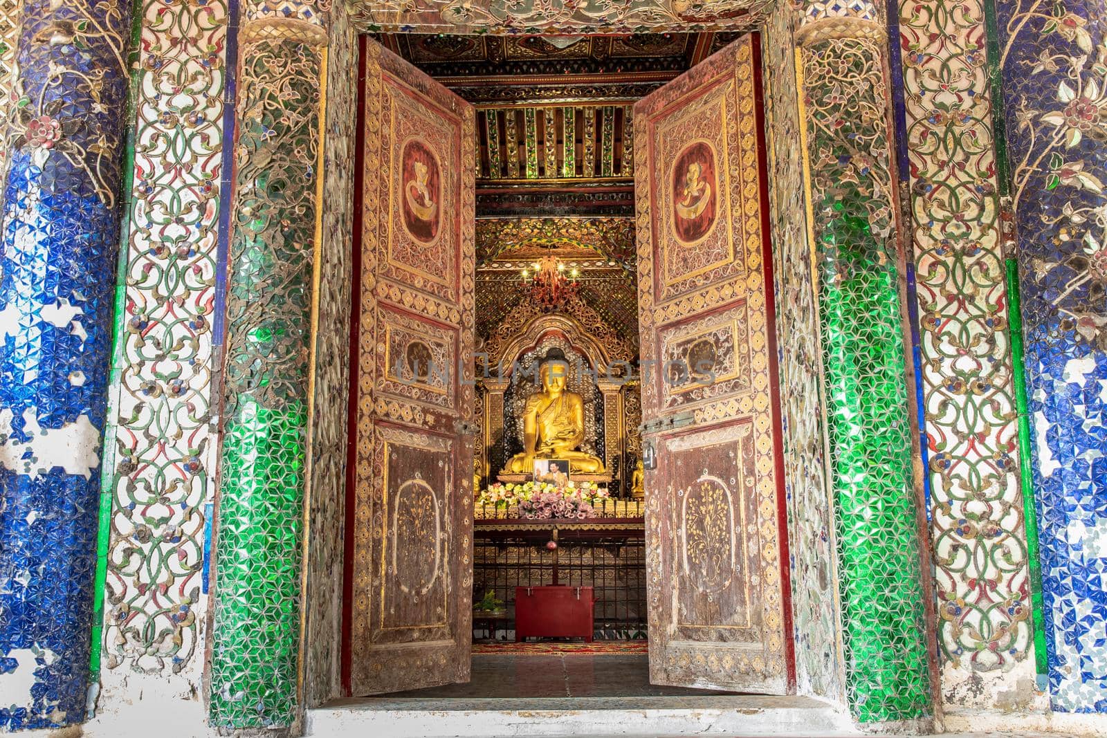 Lampang, Thailand - Sep 04, 2019 : The buddha image within Sri Chum Temple Is an old Burmese style architecture. Selective focus.