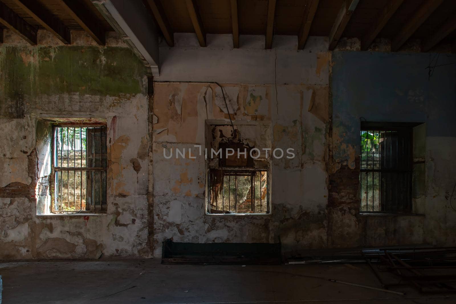 Bangkok, Thailand - Feb 2, 2020 : Abandoned buildings : Within the old customs house Or Old bang rak fire station. One of more than 120 years old architecture. Old buildings, Selective focus.