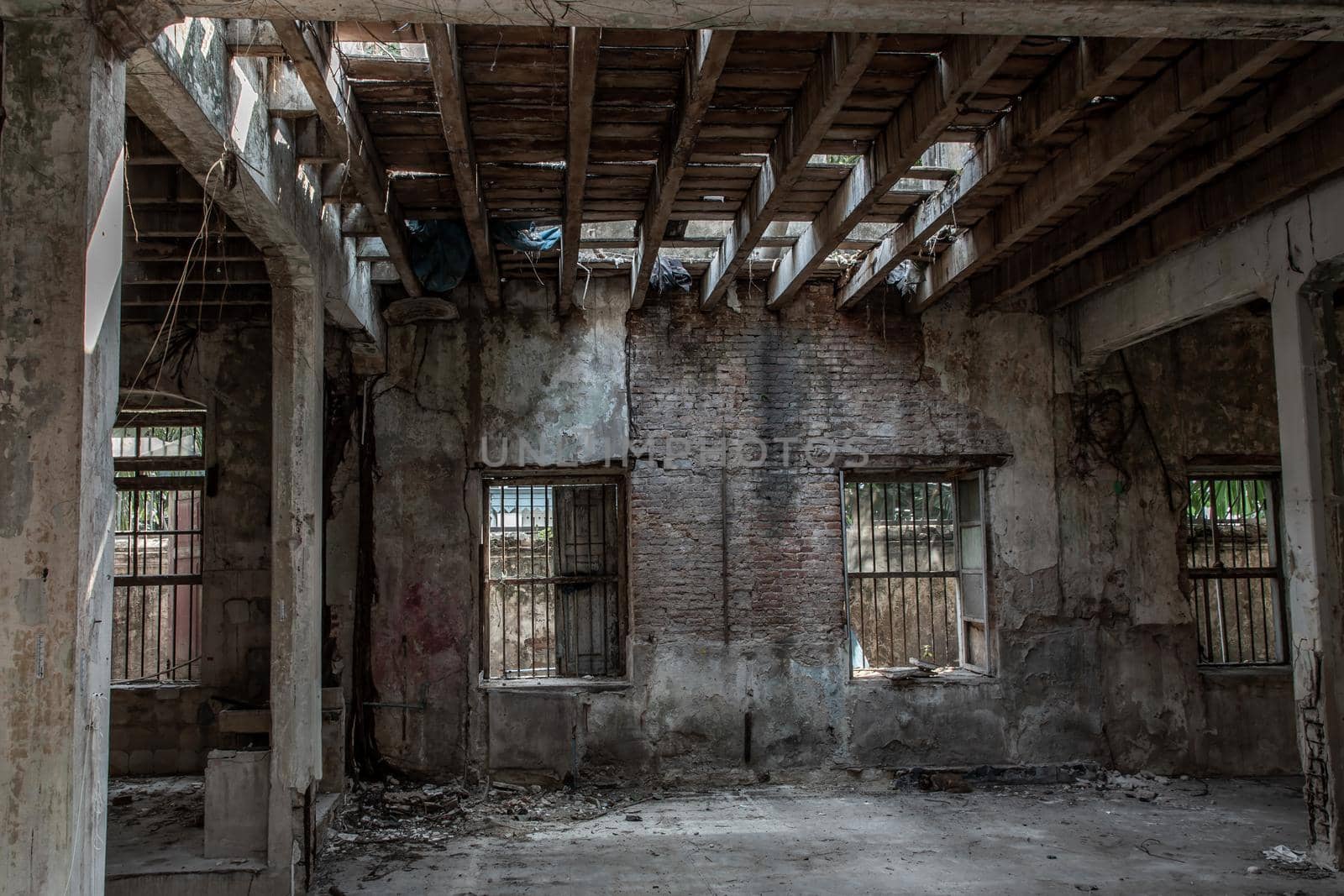 Bangkok, Thailand - Feb 2, 2020 : Abandoned buildings : Within the old customs house Or Old bang rak fire station. One of more than 120 years old architecture. Old buildings.