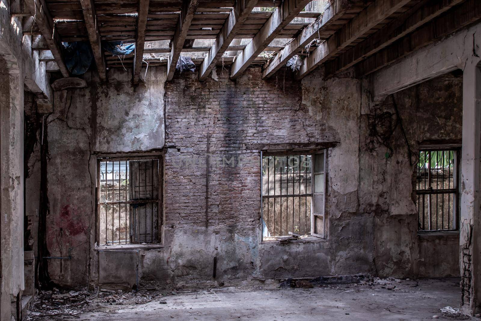 Bangkok, Thailand - Feb 2, 2020 : Abandoned buildings : Within the old customs house Or Old bang rak fire station. One of more than 120 years old architecture. Old buildings. No focus, specifically.