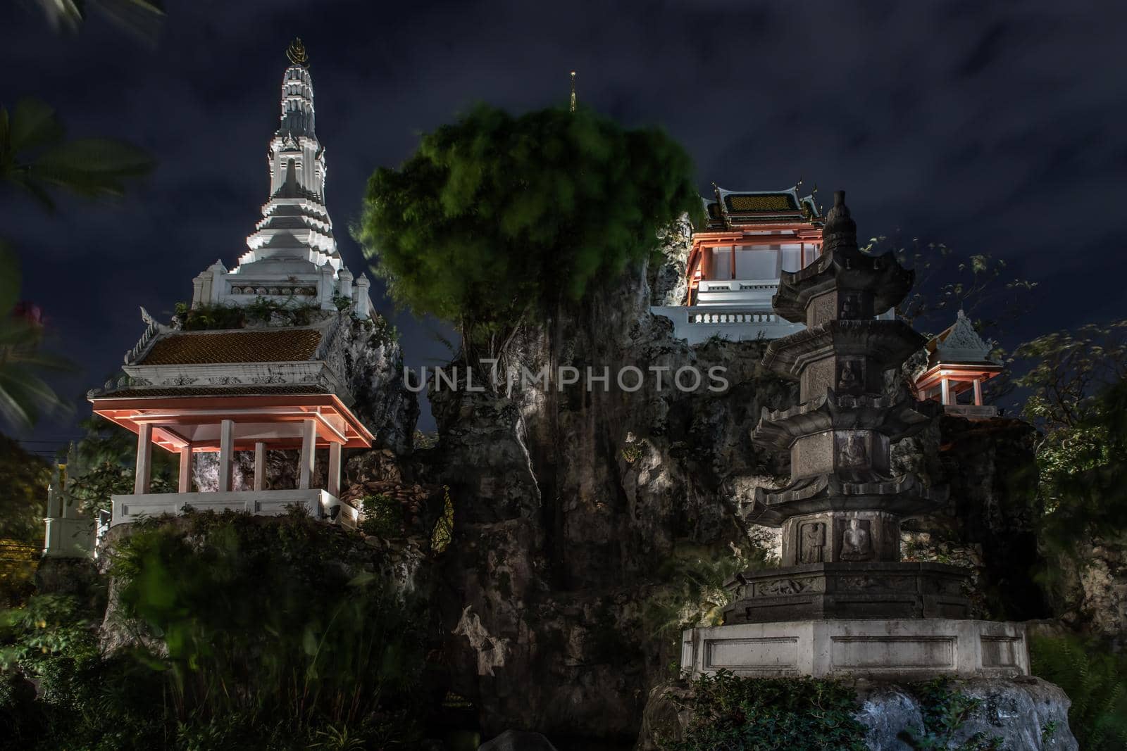 Bangkok, Thailand - 25 Jan 2020 : Khao Mo, The pagoda and pavilion on small mountain in garden that have many turtle of Wat Prayurawongsawas Warawihan.