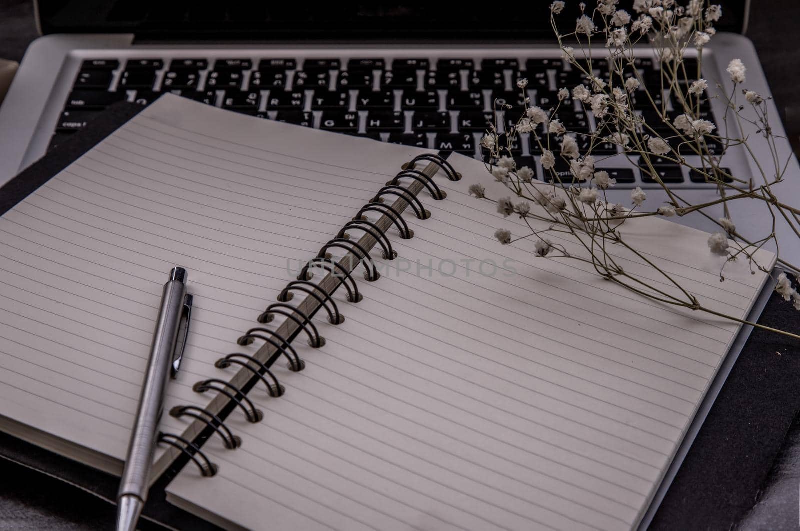Open empty blank notebook organizer with pen for planning work on laptop, Concept for business. Planning or diary. Great for any use. Oblique view from the top