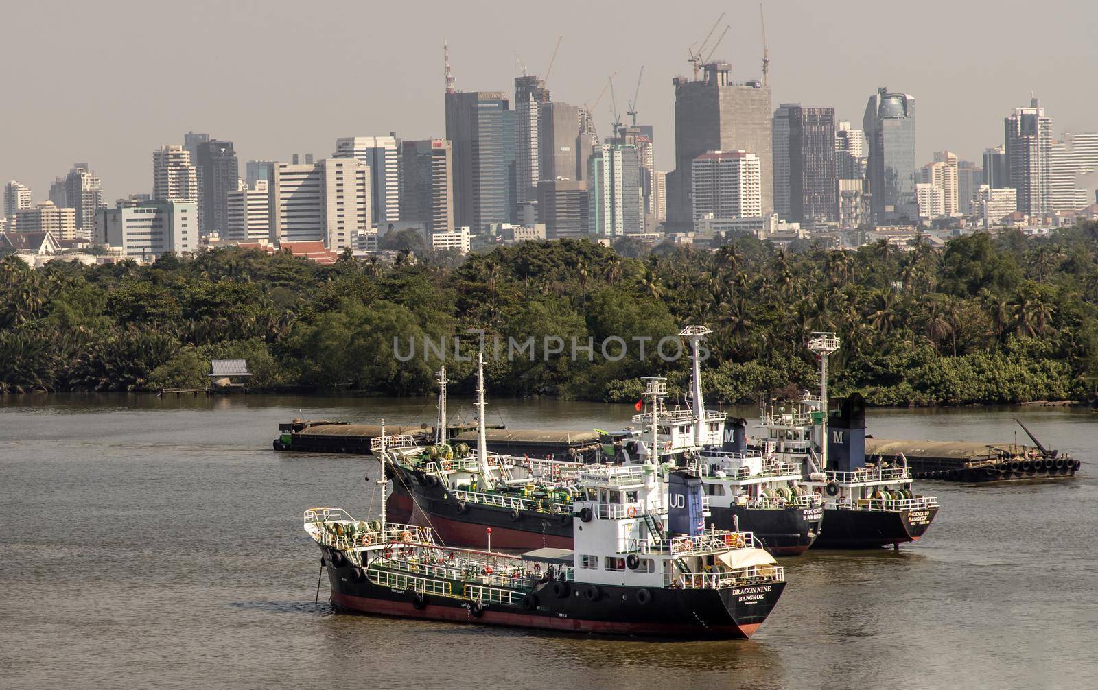 Bangkok, Thailand - 04 Jan 2020 : Two cargo ship parked in the middle of the river and in front of a green tree by the Chao Phraya River.