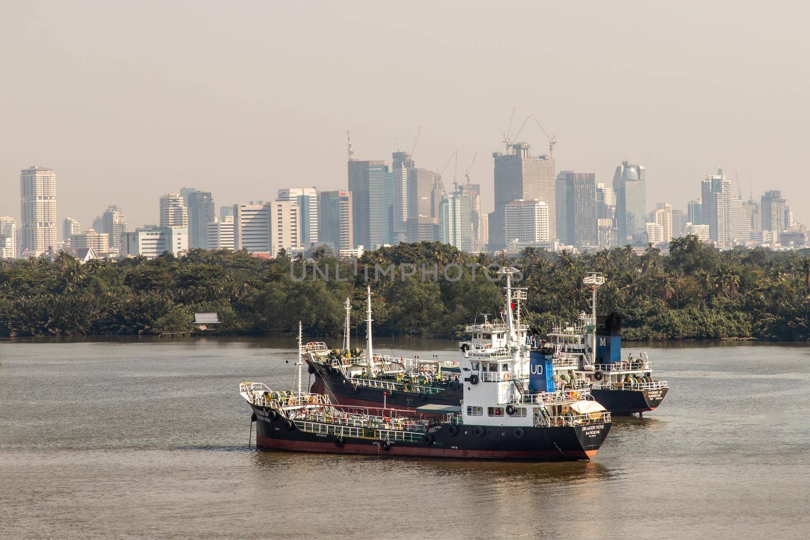 Bangkok, Thailand - 04 Jan 2020 : Two cargo ship parked in the middle of the river and in front of a green tree by the Chao Phraya River.