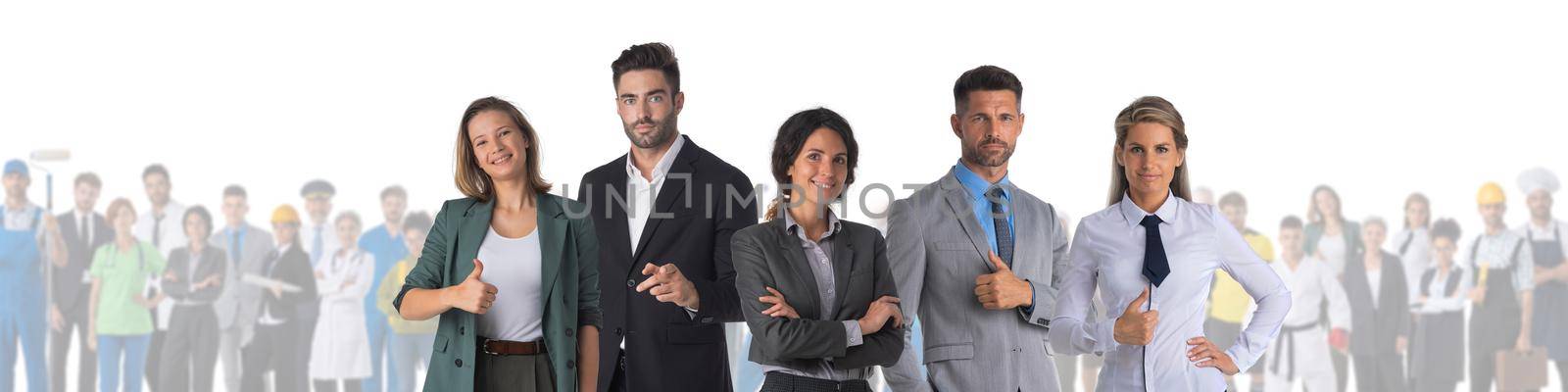 Business people with thumb up in front big team of people cooperation job search staff management concept