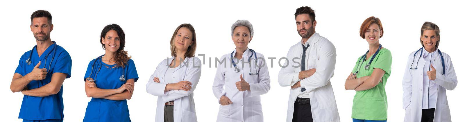 Collection of portraits of medical doctors. Design element, studio isolated on white background