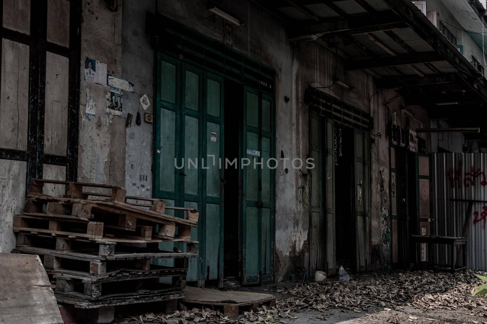 Bangkok, Thailand - Jan 19, 2020 : External of old house was left to deteriorate over time, Chinese Architecture style, Abandoned house, Destroyed house, Ruined house.