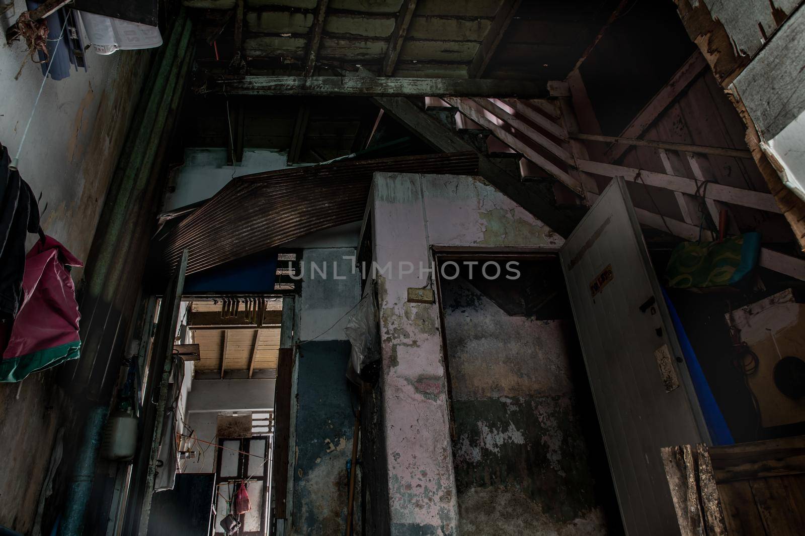 Bangkok, Thailand - Jan 19, 2020 : Abandoned house interior to deteriorate over time, Abandoned house, Destroyed house, Ruined house.