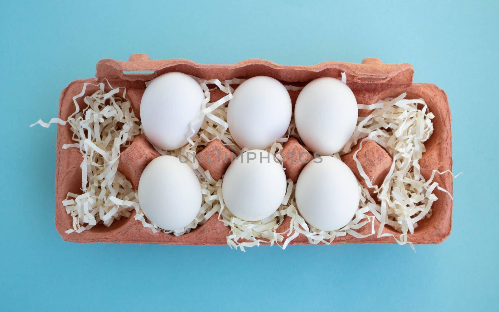 Six white fresh organic eggs in a beige eco-friendly cardboard egg container on a blue background. Easter concept, ecology, zero waste.