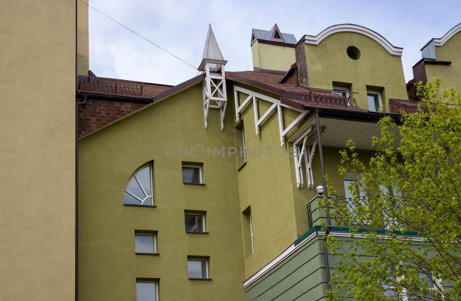 Exterior view, facade of a beautiful country house.