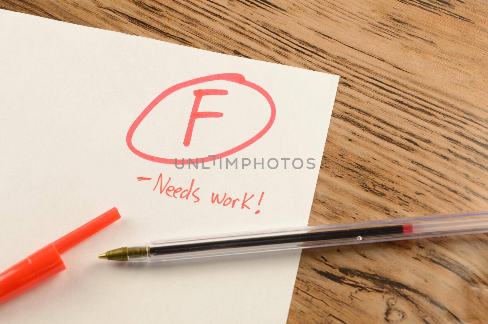 A graded school paper marked in red ink over a wood desktop.