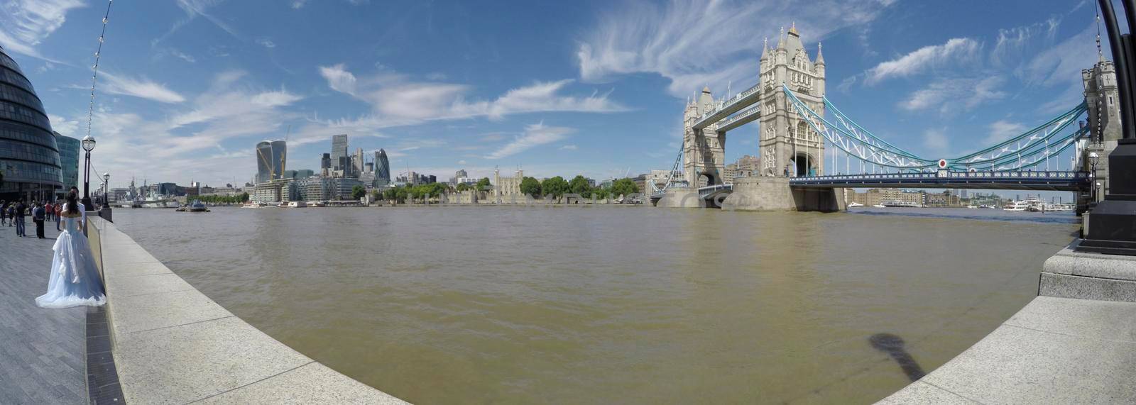 Tower Bridge, Tower of London and Financial District of London, panning shot