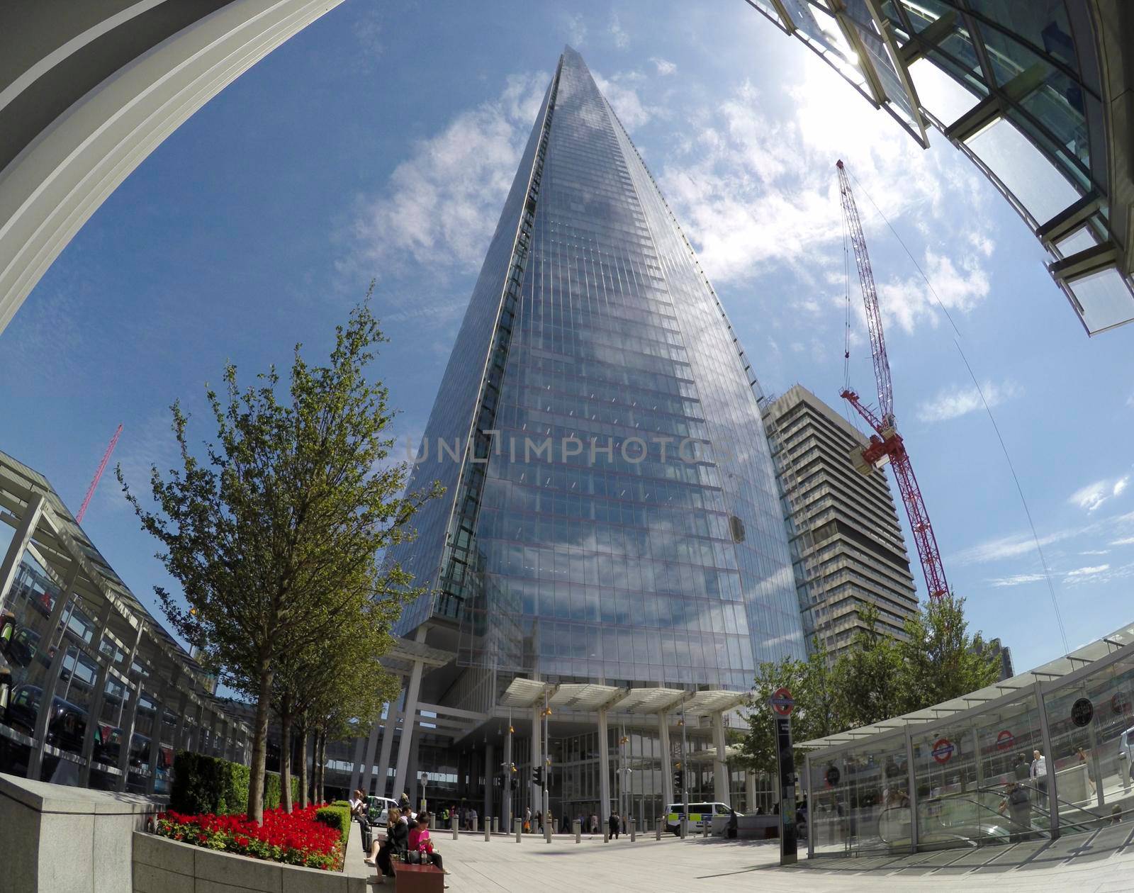 LONDON, ENGLAND- 29 June, 2017: Titl shot of The Shard on a sunny day in London