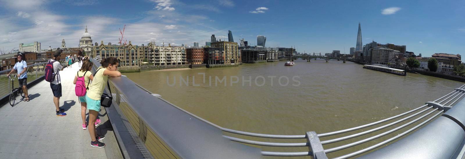 View from Millennium Bridge towards The Shard and Tower Bridge on a beautiful sunny day in London, England by zefart