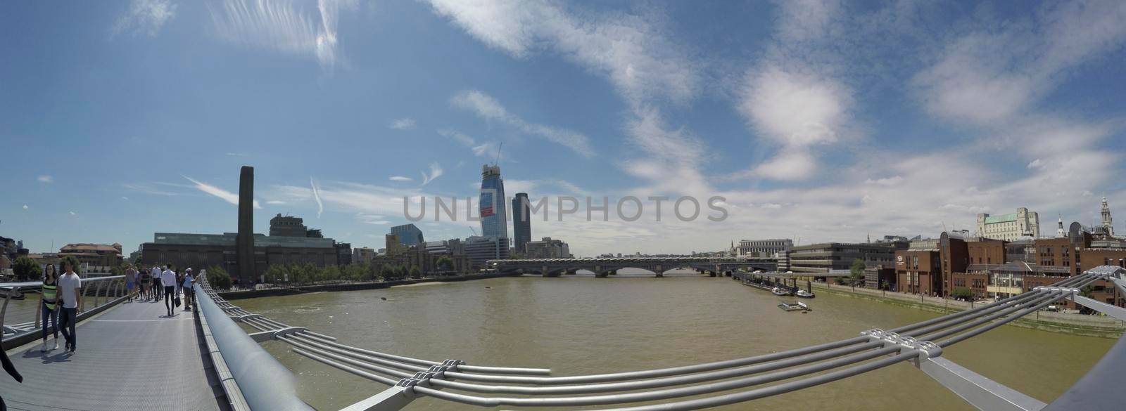 View from Millennium Bridge towards The Shard and Tower Bridge on a beautiful sunny day in London, England